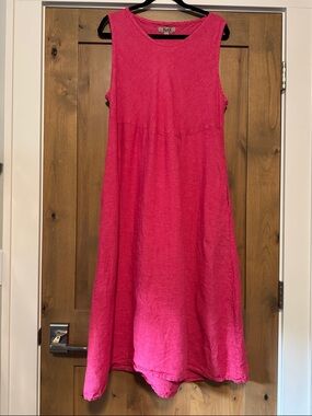Flax Linen Sleeveless Midi Dress Women’s L Hot pink Lagenlook Coastal grandma